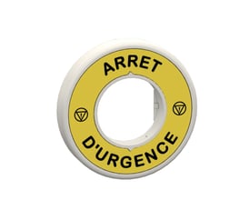 Schneider Electric nødstopskilt med gul baggrund og fransk tekst "ARRET D'URGENCE", til Ø22 mm nødstop.