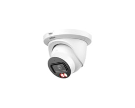 Hvidt Dahua 4 MP AI-netværkskamera med drejeligt eyeball-hoved, linse og indbygget lys, set skråt forfra.