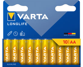 VARTA LONGLIFE AA Alkaline batterier i en 10-pak med guldfarvet design og blåt logo med hvid skrift.