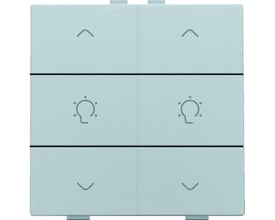 Niko Dobbelt dæmpertryk i sterling design, lyseblå, med symboler for op, lys og ned på hver side af de to trykflader.