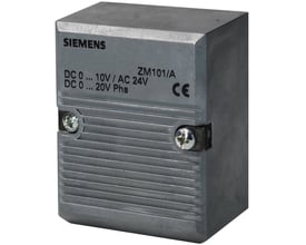 Siemens ZM101/A elektronikhus til køleventil, viser mærke og tekniske specifikationer samt CE-mærke.