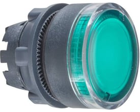 Schneider Electric Harmony XB5 grønt lampetrykshoved med 22mm plan trykflade og LED, vist med koblingsenhed.