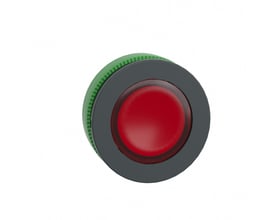 Nærbillede af et rødt, flush trykknaphoved fra Schneider Electric Harmony XB5/ZB5 serien med 22mm diameter.