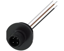 Siemens 4-polet M12 positionsstik med tre farvede ledninger (hvid, brun, sort) på hvid baggrund.