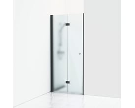 Svedbergs Skoga nichebruser med sort mat profil og frostet glas, 90 cm bred og 198 cm høj med foldedør.