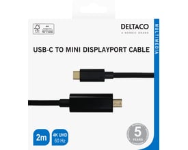 Emballagen til Deltaco USB-C til mini DisplayPort-kabel, sort og 2 meter, viser kabelenderne og 4K UHD ved 60 Hz.