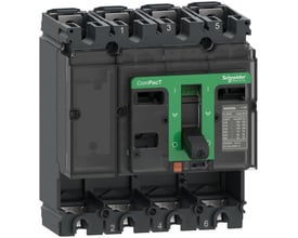 Nærbillede af Schneider Electric Maksafbryder NSX250S 4-polet med fokus på den grønne afbryder, mærkningspladen med tekniske specifikationer og terminalerne.