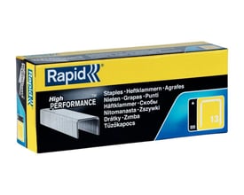Pakke med Rapid 13/6 High Performance hæfteklammer, gul og sort emballage med produktinformation.