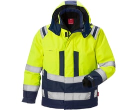Kansas Hi-Vis vinterjakke i gul og marineblå, str. XS, med reflekterende detaljer og hætte.