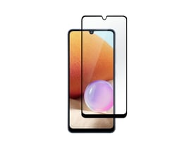 eStuff Titan Shield fulddækkende skærmbeskyttelse i hærdet glas til Samsung Galaxy A32 4G vises foran telefonens skærm.