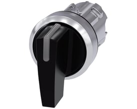 Siemens 22mm rund omskifter med metal højglans sort finish, 3 kontaktpositioner og momentan funktion.