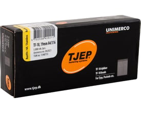 Box med 5.000 stk. TJEP TF18 19 mm dykkert i rustfri 4A/316 stål, mærket med UNIMERCO FASTENING og produktinformation.