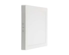 Hvidt, kvadratisk V-TAC LED-påbygningspanel på 6 W med Samsung LED-chip og en kompakt størrelse på 12 × 12 cm.