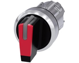 Siemens 22 mm rund metal omskifter med højglans finish og rød aktuator, låsende funktion, på hvid baggrund.