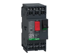 Detaljeret billede af Schneider Electric GV2ME163 motorværn, der viser indstillingshjul for ampere, termisk-magnetisk udløser og skrueterminaler.