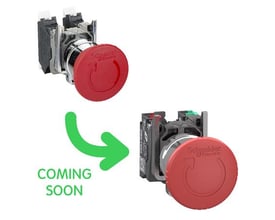Schneider Electric nødstop med rød tryk/drej funktion, Ø40 mm, med 1NC+NO kontakter og push-in fjederklemmer på hvid baggrund.