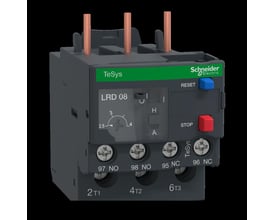 Schneider Electric TeSys D termorelæ, model LR2D08, med indstillingsområde 2,5-4A og klar justeringsknap.