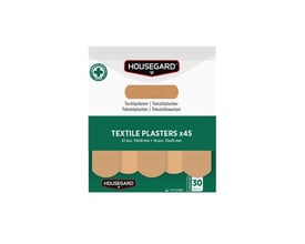 Emballage med Housegard tekstilplastre, vist med grøn og hvid etiket og beige plasterstrimler; produktet sælges som 2 x 45 stk.