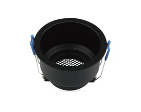 V-TAC GU10 lampeholder i sort aluminium med honeycomb og monteringsclips, vist fra oven på hvid baggrund.