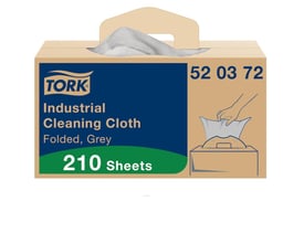Tork Industrial Cleaning Cloth, Folded Grey, 210 Sheets produktinformation på mørkeblå og grøn baggrund.