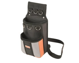 Bahco værktøjsholder med tre ringe i toppen, et stort rum og et mindre rum foran med grå og orange detaljer samt Bahco logo.