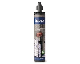 Index MO-H 300 injektionsmasse 300 ml patron med sort dyse og etiket, der viser betonblokke med belastningsværdier.