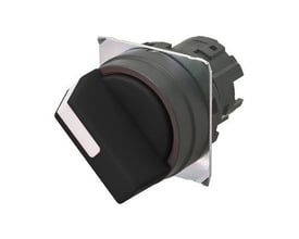 Omron vælger A22NZ med 22 mm diameter, sort plastramme og 2 positioner på hvid baggrund.