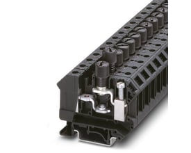 Phoenix Contact UK 10-DREHSI sikringsrækkeklemme til 5x20 mm sikring, sort plast med metalterminaler og monteringsskinne.