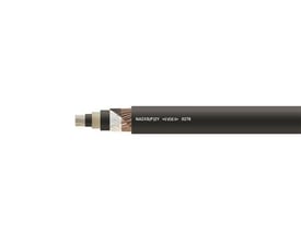 Kabel NA2XS(F)2Y, 6/10KV, 1X120RM/16 med tværsnit, der viser aluminiumsleder, isolering og sort PE-kappe.