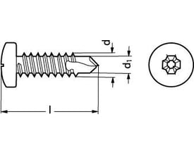Teknisk tegning af 4,8x13 DIN 7504-N A2 pladeskrue med panhoved og borespids, viser dimensioner og stjerneskruehoved.