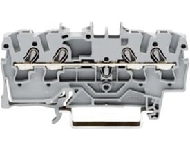 Detaljeret billede af Wago gennemgangsklemme 2,5mm², viser fjederterminalerne og 4-leder tilslutning i grå plast.