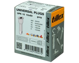 Pakke med 50 stk. grå Tillex Plugs Uni UPK10, 10x60 mm, med krave og illustration af montering.