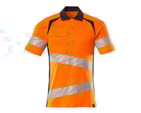 Mascot Hi-Vis poloshirt i orange og mørk marineblå med skrå reflekser, størrelse L. Shirt'en har strikket krave og synlige reflekser.