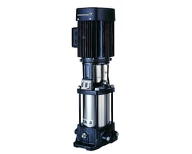 Grundfos CR 1-2 A-A-A-E-HQQE centrifugalpumpe, 3x230/400V, med rustfri pumpehus og sort støbejernsbase på hvid baggrund.
