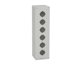 Schneider Electric trykknapkasse i grå metal med plads til 6 trykknapper, Ø30 mm diameter.