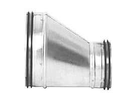 Lindab RLU reduktion 400 til 200mm vist fra siden, illustrerer den excentriske form og ca. 35° vinkel.