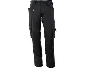 Mascot Advanced sorte arbejdsbukser med vandafvisende finish og fire-vejs stretchstof, vist med praktiske sidelommer og CORDURA detaljer.
