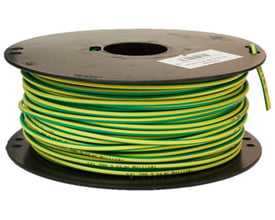 Monteringsledning Texiline HF90 med 6 mm² tværsnit i gul/grøn farve, afbilledet på en kabeltromle med hvid baggrund.