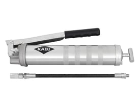 Nærbillede af Kabi 400H fedtpresser med synlig teksturområde på cylinderen og et tættere view af smøreslangens kobling og nippel.