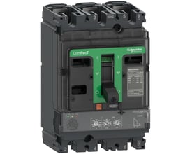 Schneider Electric ComPacT NSX100HB2 maksimalafbryder, 3-polet, 100A, med MicroLogic 2.2-enhed og grønt betjeningshåndtag i 'OFF'-position.