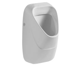 Ifö urinal monteret på væg, hvid keramik med elegant, pladsbesparende design og diskret sideknap.
