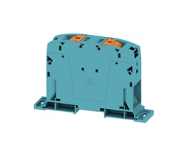 Blå Weidmüller gennemgangsklemme med PUSH IN-teknologi, 150 mm² og to tilslutninger, set skråt forfra.