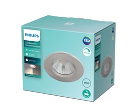 Emballage til Philips Dive indbygningsspot i mat krom, med information om LED, dæmpbar funktion og IP65 klassificering.