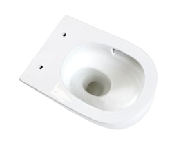 Ovenfra-perspektiv af Cassøe Silent væghængt toilet uden skyllekant, viser den rene skål og monteringshuller.