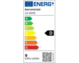 Energimærke D for Steinel RS PRO R10 plus SC lysarmatur, viser 9 kWh/1000h og EU-logo.