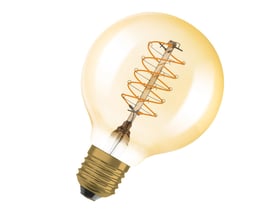 Nærbillede af Osram Vintage 1906 globe 80 LED-pære, der viser spiral filament og E27 fatning i ravfarvet glas.