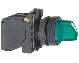 Sidebillede af Schneider Electric drejegreb med lys, der viser tilslutningsmodulet og 22mm frontring i grøn plast.