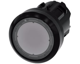 Siemens 22mm rund trykknap med lys i klar plast, SIRIUS ACT serie, vist fra siden på hvid baggrund.