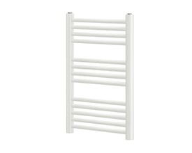 Hvid Norm håndklæderadiator med lige rør, 700x500 mm og 450 mm centerafstand, fremstillet af pulverlakeret stål.