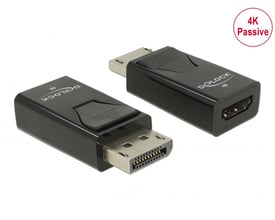Sort DeLock DisplayPort-til-HDMI-adapter med DisplayPort-stik og HDMI-port, vist fra to vinkler; passiv model til 4K.